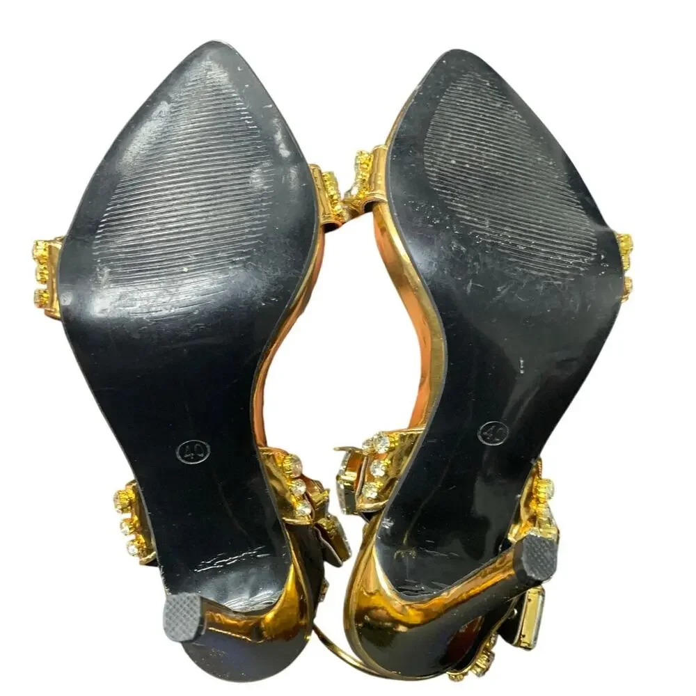 Kluolandi Womens Size 9.5 Gold Shiny Jewel Ankle Strap 5" Heel Shoes Missing Gem - Picture 7 of 7